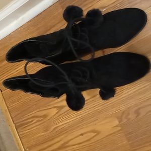 Women short black lace up booties with fur ball. free shipping